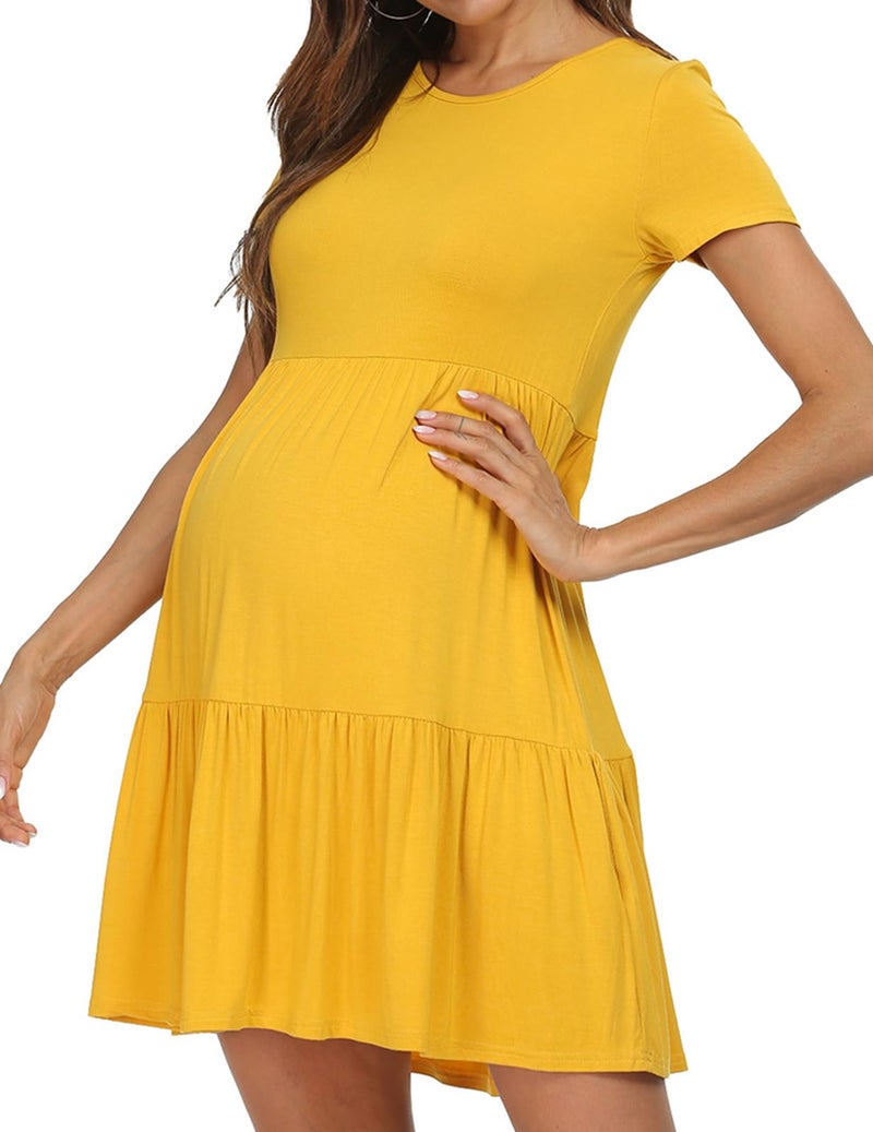 levaca Womens Summer Casual Dresses Beach Coverup Loose Short Sleeve T Shirt Dress 2025 Midi Outfit Sundress Yellow M - Image 5